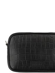 Black Croc Print Leather Crossbody Bag