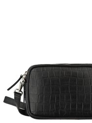 Black Croc Print Leather Crossbody Bag - Black
