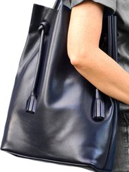 Black Drawcord Premium Leather Hobo Tote Shoulder Bag