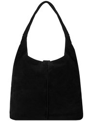 Black Soft Suede Leather Hobo Shoulder Bag - Black