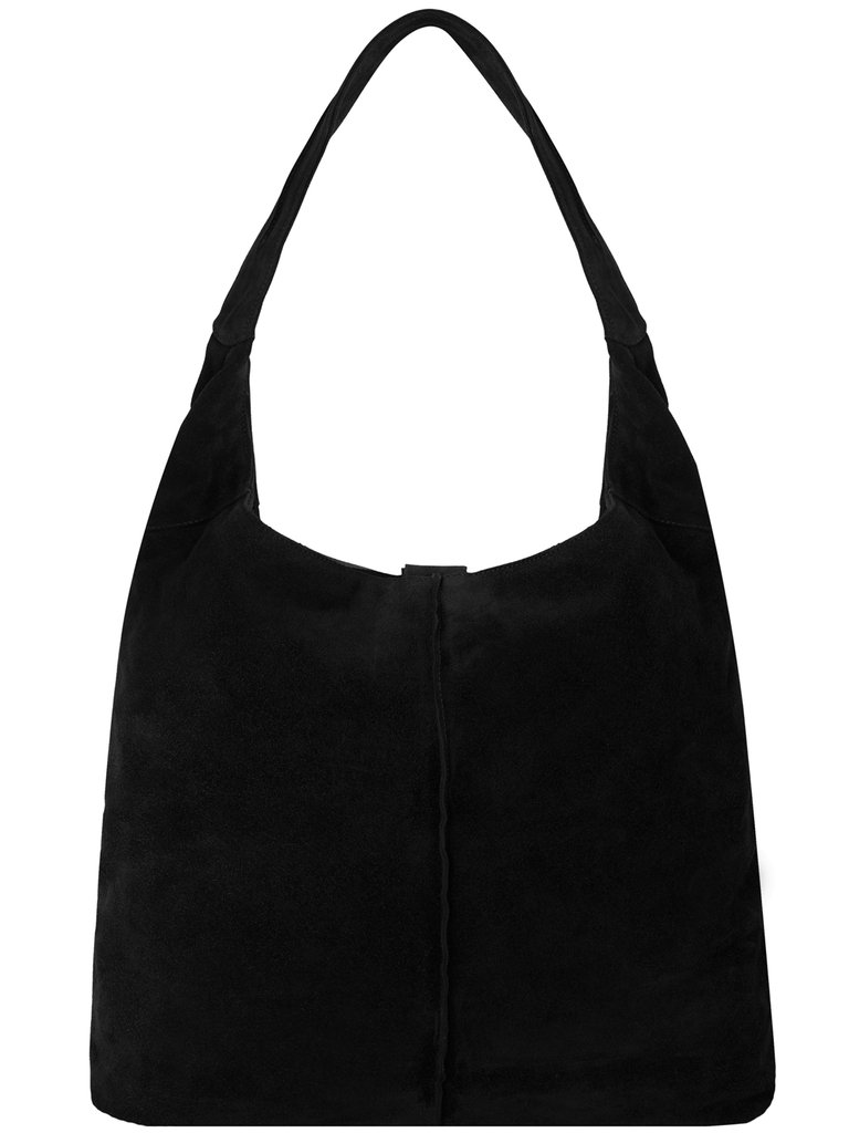 Black Soft Suede Leather Hobo Shoulder Bag - Black