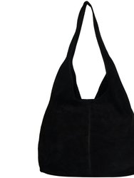 Black Suede Premium Leather Hobo Boho Shoulder Bag - Black