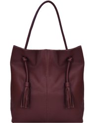 Burgundy Drawcord Premium Leather Hobo Tote Shoulder Bag - Plum