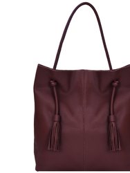 Burgundy Drawcord Premium Leather Hobo Tote Shoulder Bag