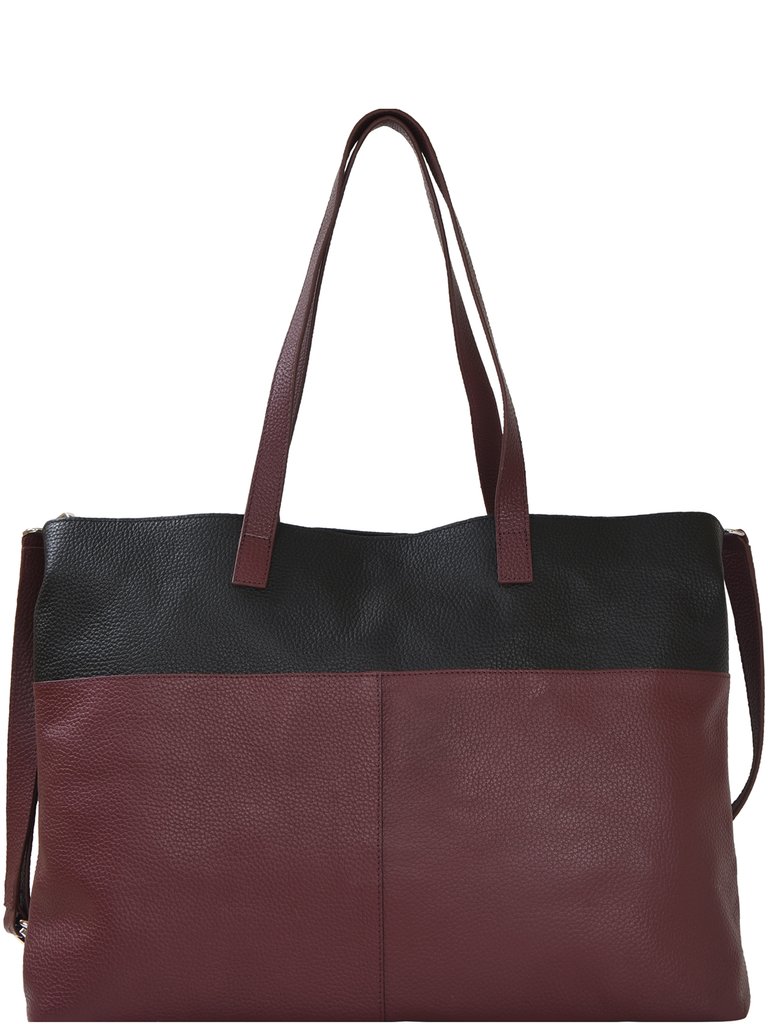 Burgundy Two Tone Horizontal Premium Leather Tote Shopper Bag - Plum And Black