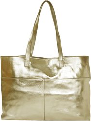 Gold Horizontal Metallic Premium Leather Tote Bag Shopper Bag - Gold