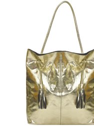 Gold Metallic Drawcord Premium Leather Hobo Tote Shoulder Bag - Gold