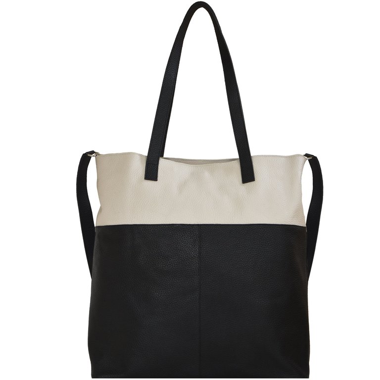 Ivory And Black Two Tone Premium Leather Shopper Tote Bag - Black Ivory