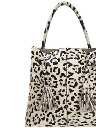 Ivory Animal Print Drawcord Premium Leather Hobo Tote Shoulder Bag