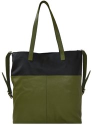 Olive And Black Two Tone Premium Leather Tote Shopper Bag - Olive And Black
