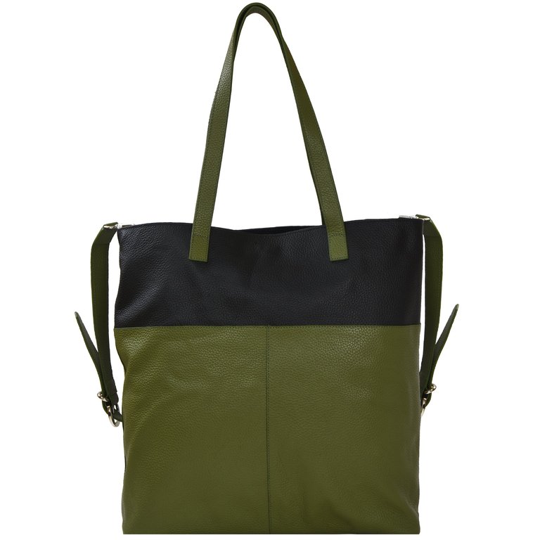 Olive And Black Two Tone Premium Leather Tote Shopper Bag - Olive And Black