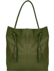 Olive Green Drawcord Premium Leather Hobo Tote Shoulder Bag - Olive Green