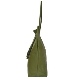 Olive Green Drawcord Premium Leather Hobo Tote Shoulder Bag