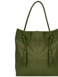 Olive Green Drawcord Premium Leather Hobo Tote Shoulder Bag