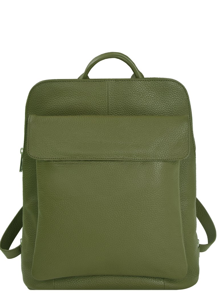 Olive Green Premium Leather Flap Pocket Backpack - Olive Green