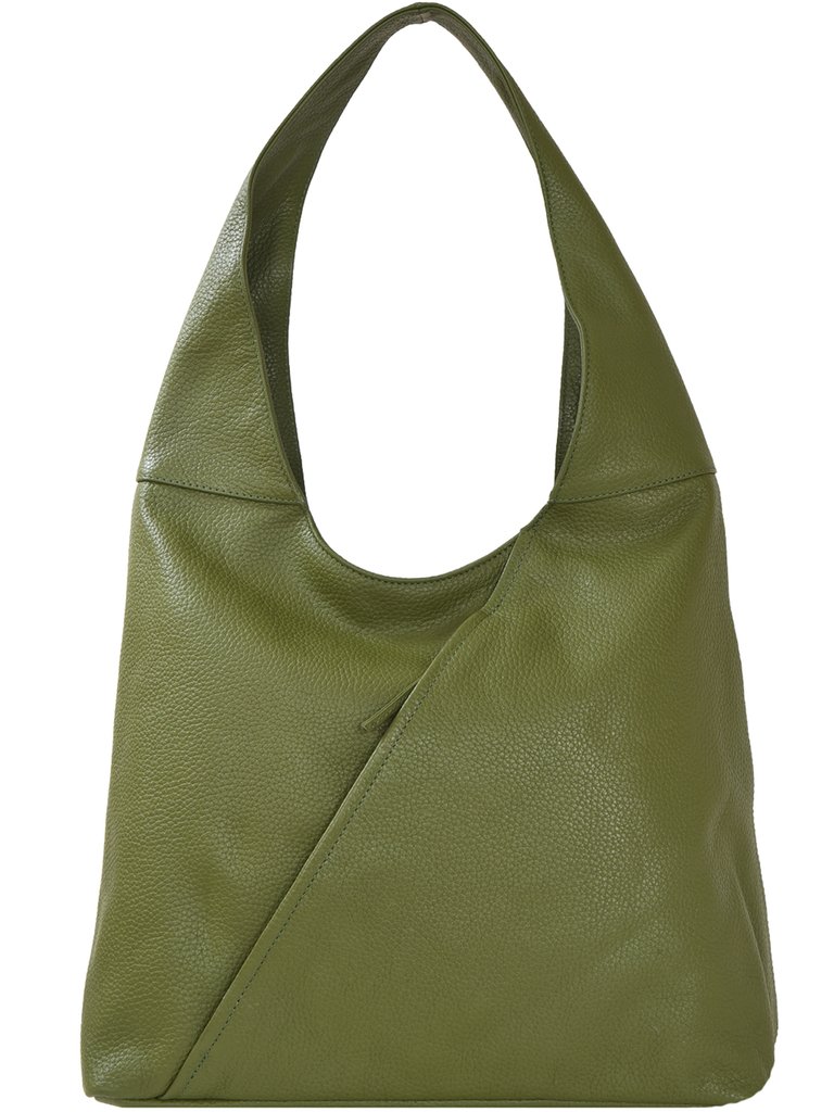 Olive Green Zip Pocket Premium Leather Shoulder Hobo Bag - Olive Green