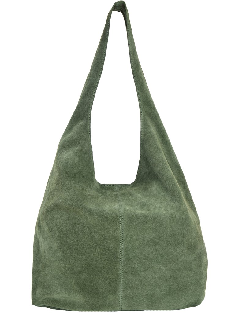 Olive Suede Premium Leather Hobo Boho Shoulder Bag - Olive Green