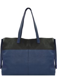 Royal Blue Two Tone Horizontal Premium Leather Tote Bag - Blue