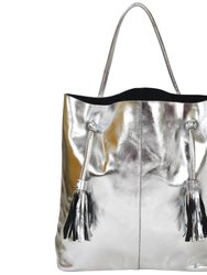 Silver Drawcord Metallic Leather Hobo Shoulder Bag