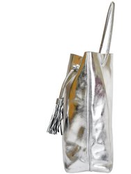 Silver Drawcord Metallic Leather Hobo Shoulder Bag