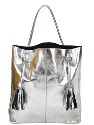 Silver Drawcord Metallic Leather Hobo Shoulder Bag - Silver