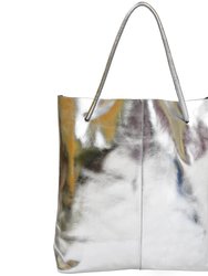 Silver Drawcord Metallic Leather Hobo Shoulder Bag