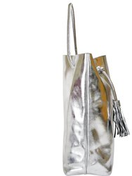 Silver Drawcord Metallic Leather Hobo Shoulder Bag