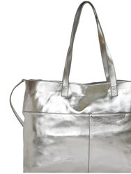 Silver Metallic Horizontal Premium Leather Tote Shopper Bag