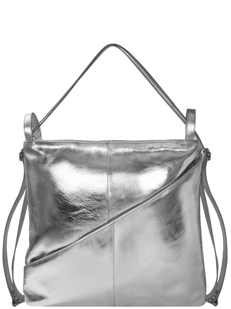 Silver Metallic Leather Convertible Tote Backpack - Silver