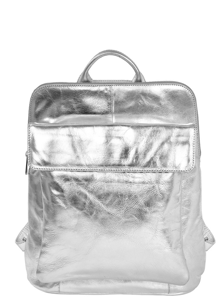 Silver Metallic Premium Leather Flap Pocket Backpack - Silver