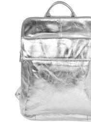 Silver Metallic Premium Leather Flap Pocket Backpack