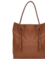 Tan Drawcord Premium Leather Hobo Tote Shoulder Bag - Tan
