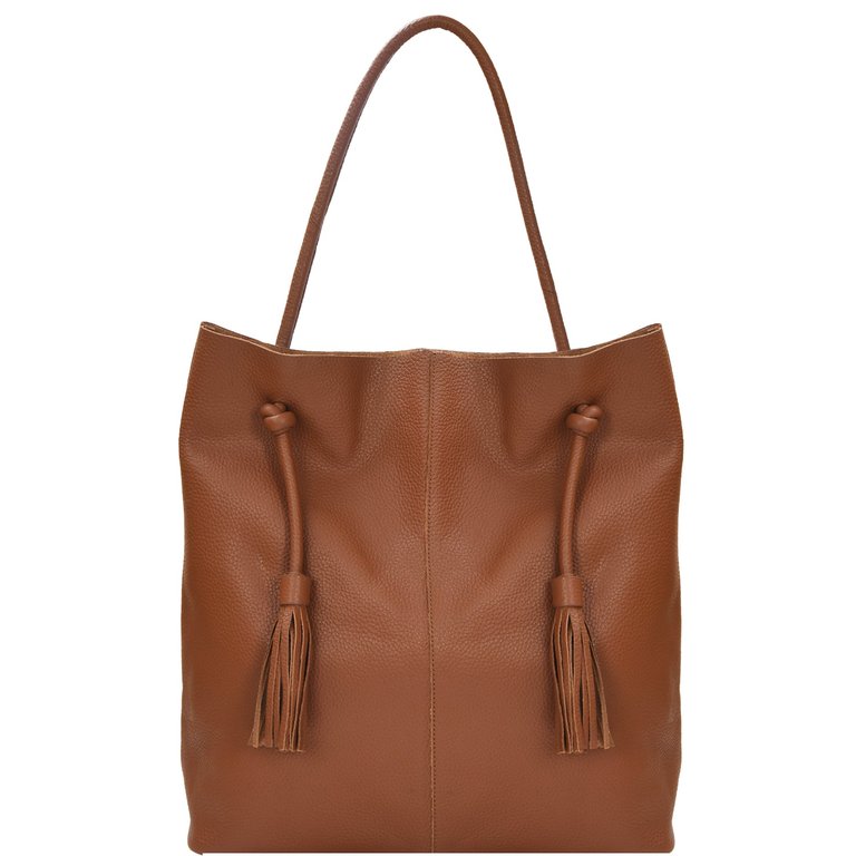 Tan Drawcord Premium Leather Hobo Tote Shoulder Bag - Tan