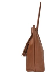 Tan Drawcord Premium Leather Hobo Tote Shoulder Bag