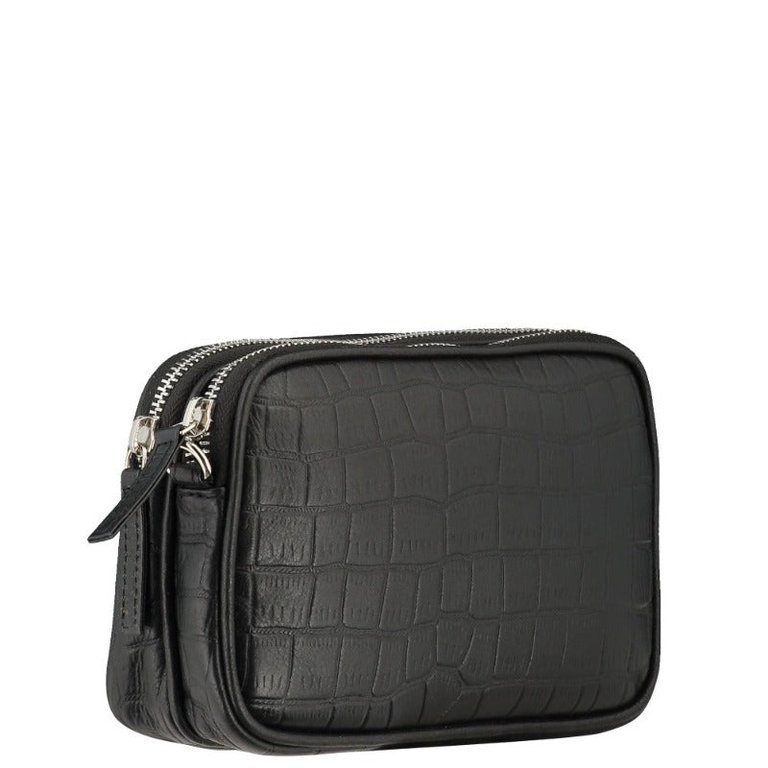Black Croc Print Leather Crossbody Bag | Byrxi - Black