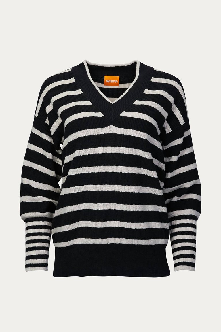 Natalia Striped V-Neck Jumper In Coal - Coal