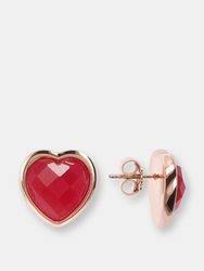 Heart Stud Earrings With Natural Stone - Golden Rose/Red - Golden Rose/Red