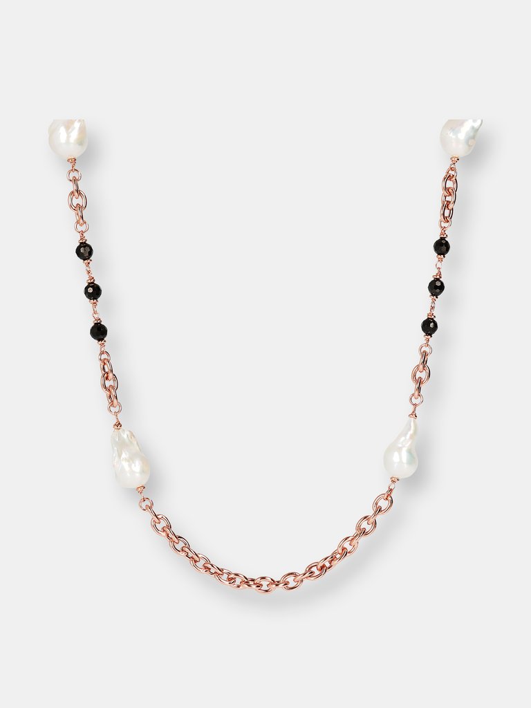Long Necklace With Baroque Pearls And Black Spinel - Golden Rose
