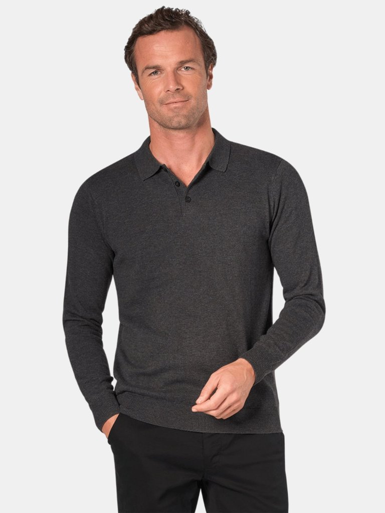 Mens Casper Knitted Long-Sleeved Polo Shirt (Charcoal) - Charcoal