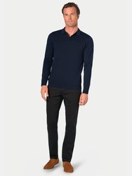 Mens Casper Knitted Long-Sleeved Polo Shirt (Navy)