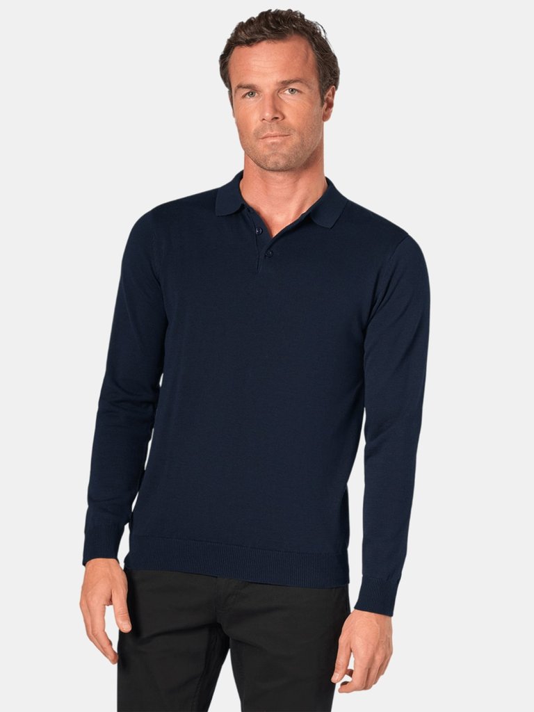 Mens Casper Knitted Long-Sleeved Polo Shirt (Navy) - Navy