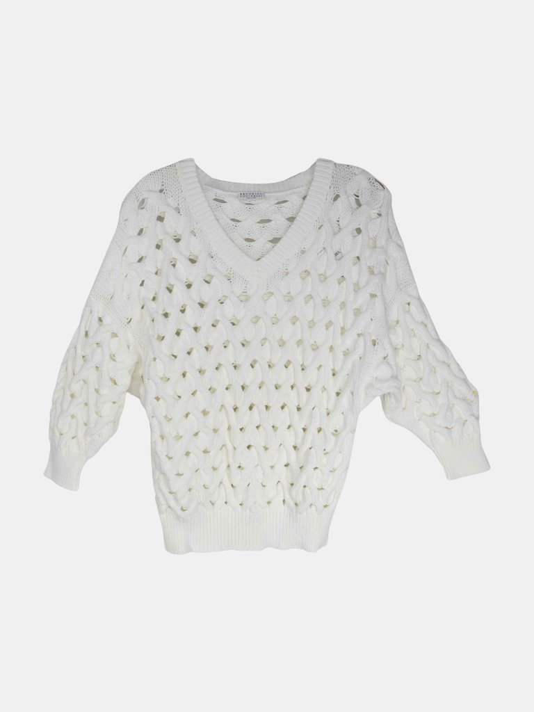 Brunello Cucinelli Women's White Loose Cable Knit Sweater Pullover - White