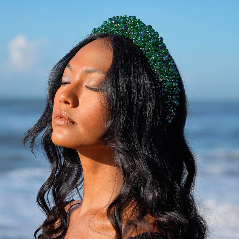 Crown Glass Crystal Beads Headband In Emerald Green - Emerald Green