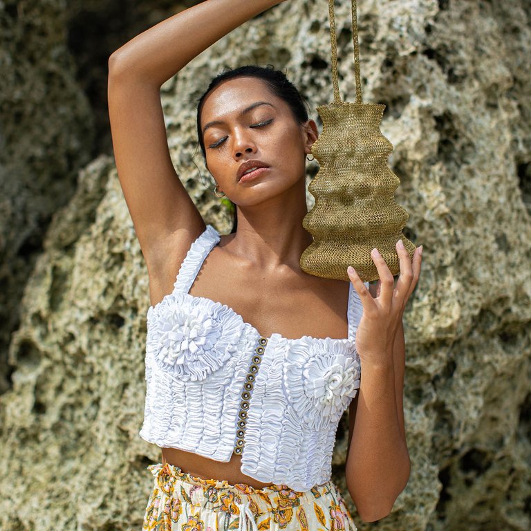 Marigold Hand-Embroidered Ribbon Bustier Top In White