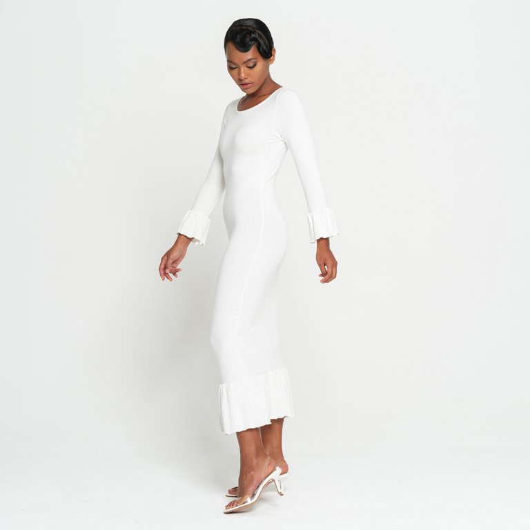 Marjorie Bamboo Ruffle Dress In Off-White - Off-White