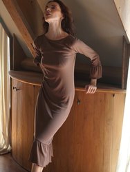 Marjorie Ruffle Rib Dress - Dark Brown - Dark Brown
