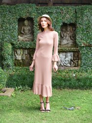 MARJORIE Ruffle Rib Dress, in Camel Brown - Camel Brown