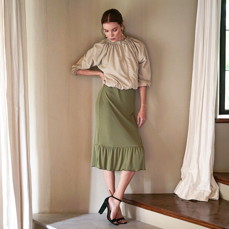 Marjorie Ruffle Rib Skirt In Moss Green - Moss Green