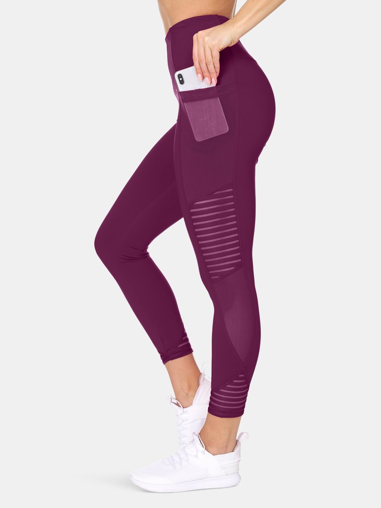 High Waist 7/8 Leggings Pockets & Sheer Mesh Detail - Plum