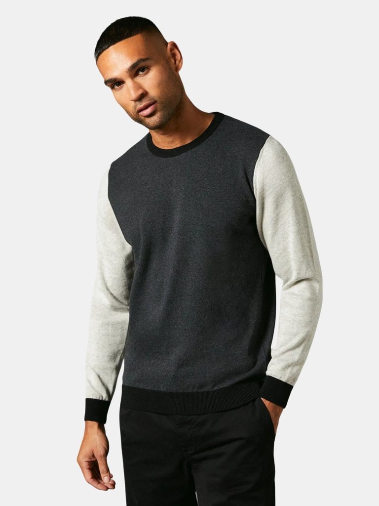 Burton Mens Colour Block Cotton Crew Neck Sweater (Charcoal) - Charcoal